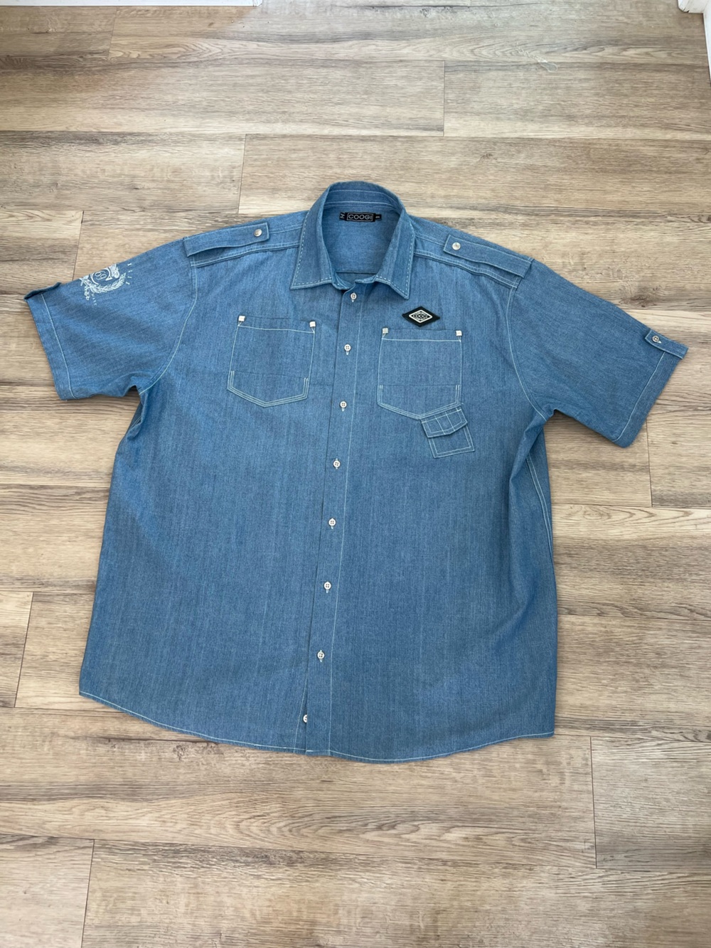 Coogi Short Sleeve Button Down Shirt Denim Blue Y2K Logo Mens 4XL